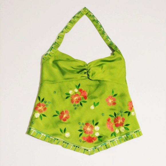 Bandolino Tops - Bandolino Lime Green Embroidered Floral Halter Top